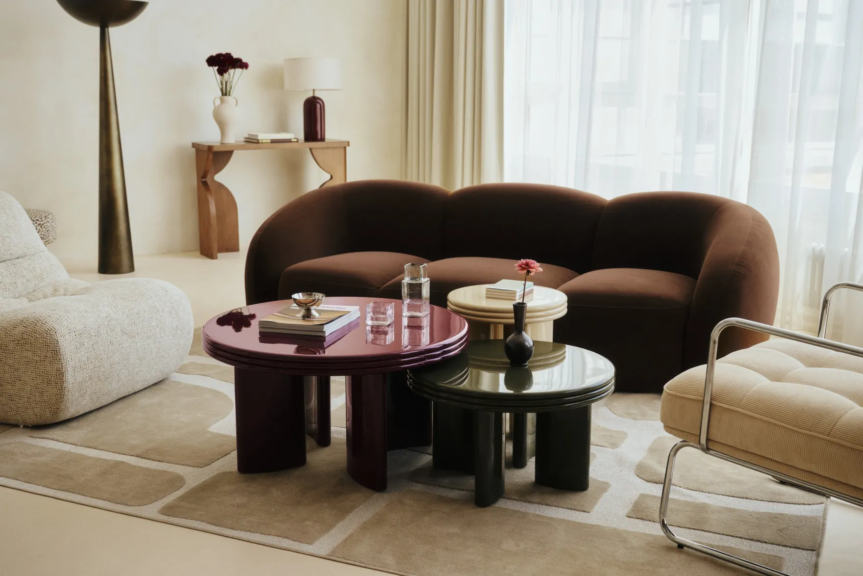 Ensemble tables basses + table d'appoint, Bordeaux, Kaki & Beige, Bois finition glossy Mira