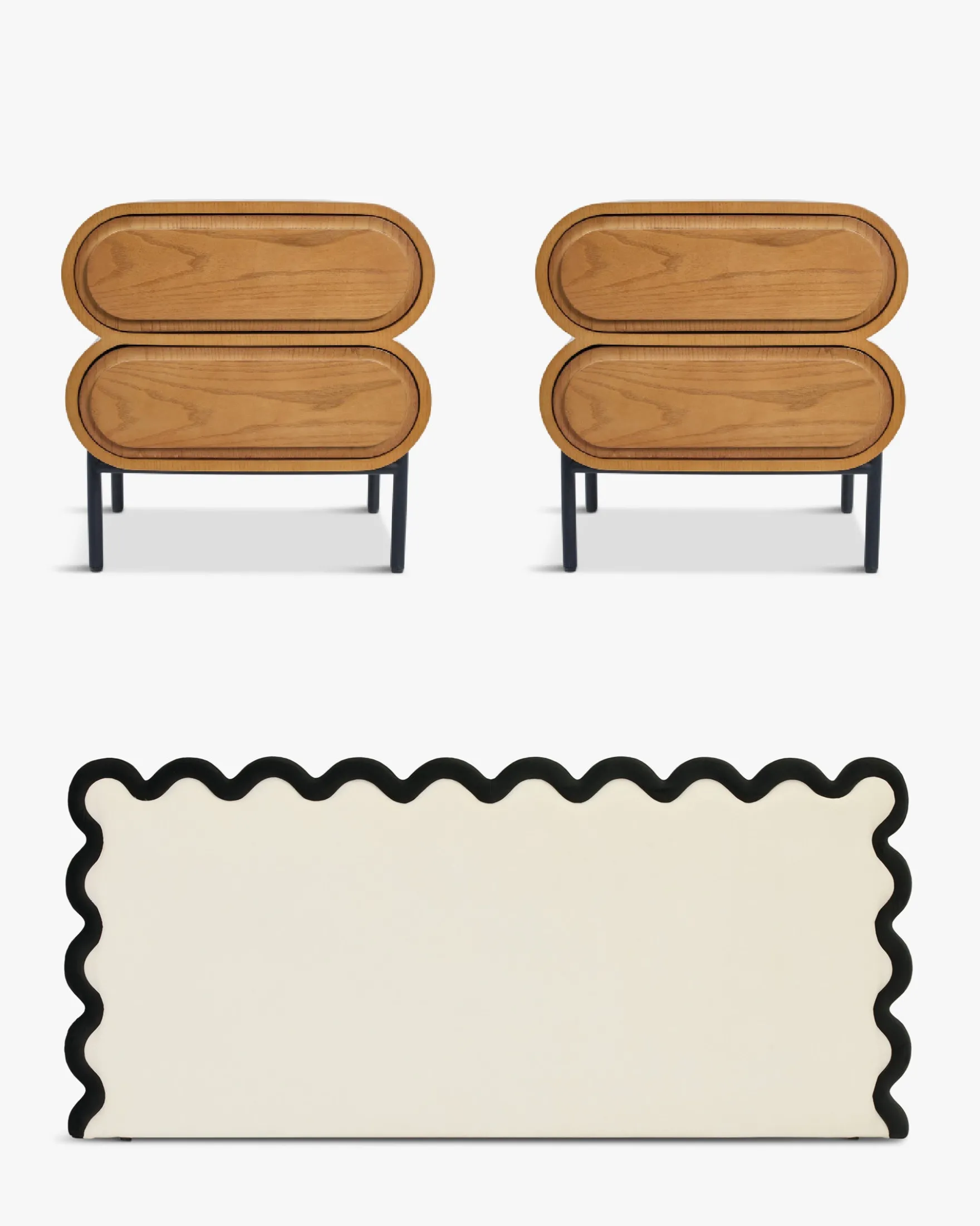 Ensemble 2 tables de chevet + tête de lit, Ecru peluche Monaco + Aria