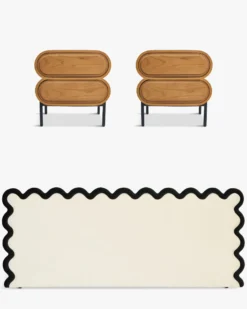Ensemble 2 tables de chevet + tête de lit, Ecru peluche Monaco + Aria
