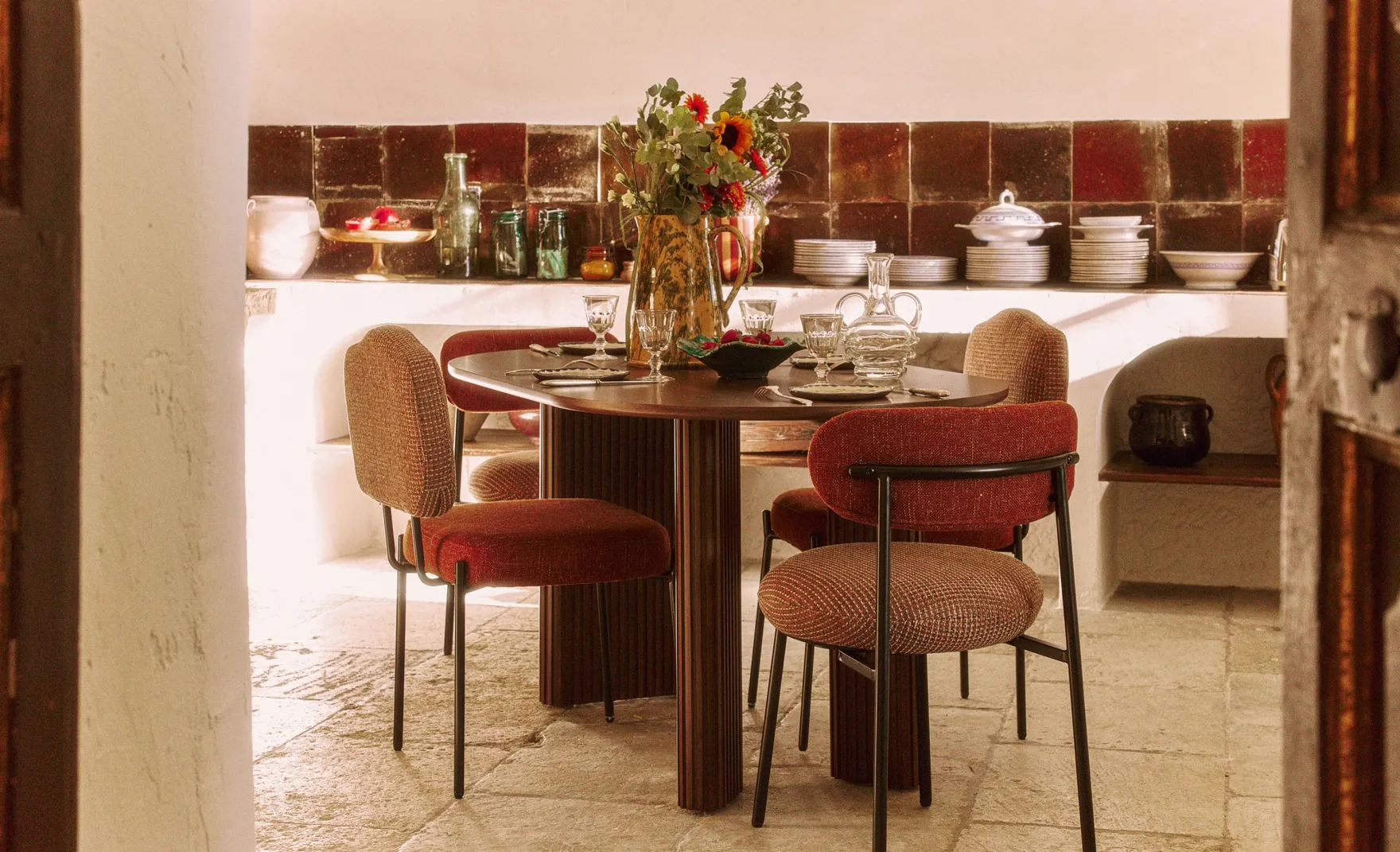 Ensemble 4x chaises, Tweed orange miami + rouge brique Maia, Mogan
