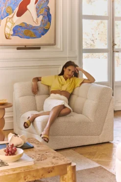 Fauteuil d'angle modulable, Blanc avoine bouclé Paul
