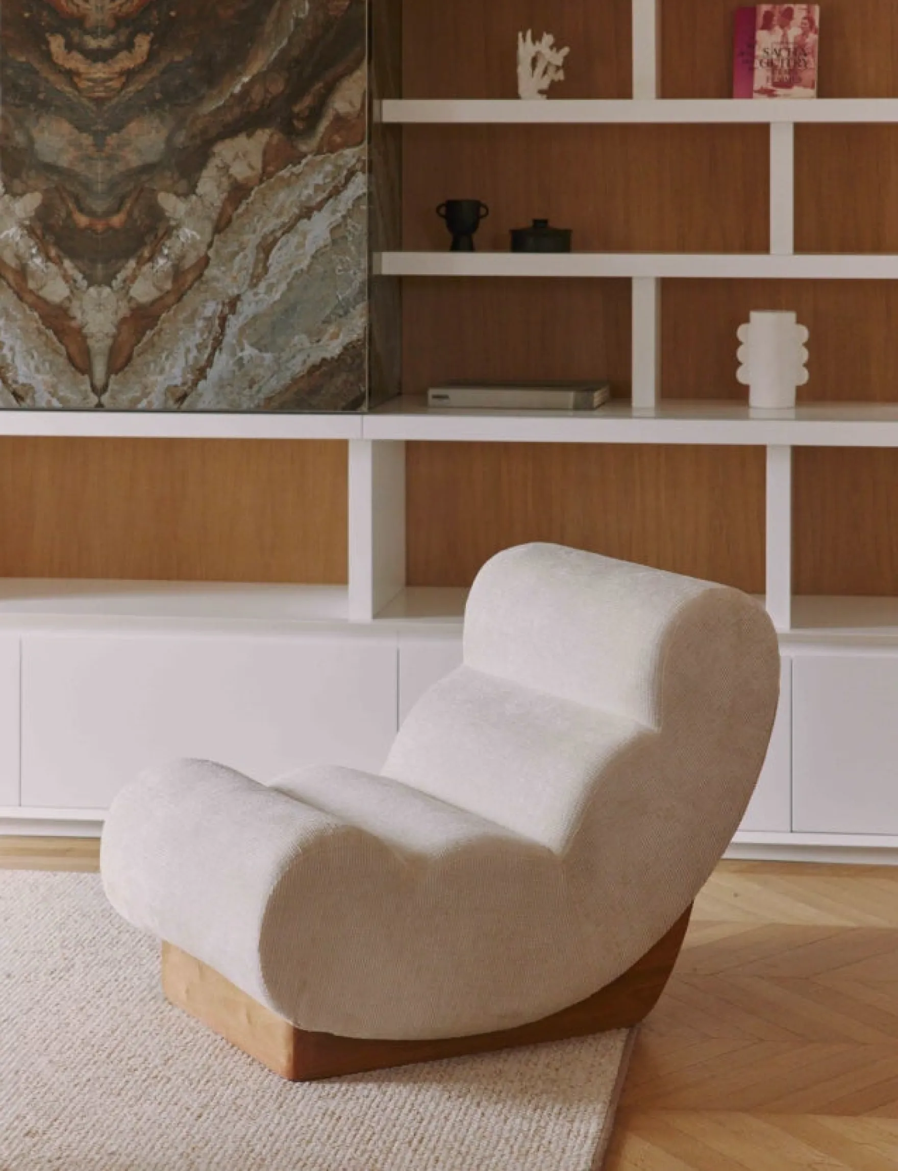 Fauteuil modulable, Tweed crème & bois blond Cozy