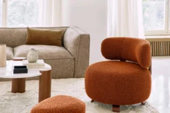 Fauteuil, Rouille bouclé & bois de frêne teinte noyer, Ø75 Platon