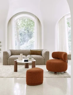 Fauteuil, Rouille bouclé & bois de frêne teinte noyer, Ø75 Platon