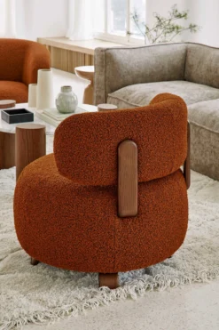 Fauteuil, Rouille bouclé & bois de frêne teinte noyer, Ø75 Platon