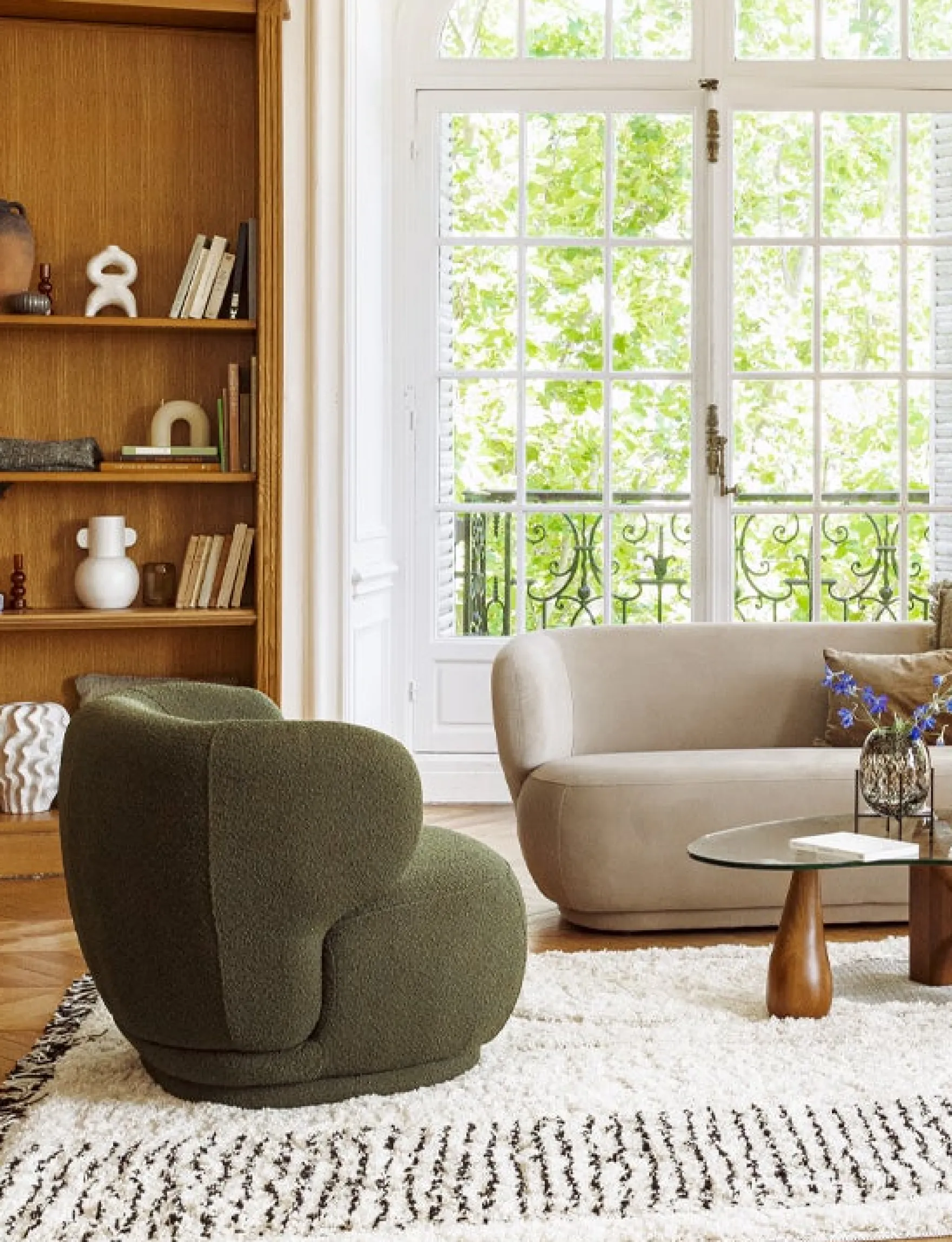 Fauteuil, Vert kaki bouclé, 90x70 Giulia
