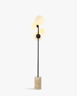 Lampadaire, Sphères blanches, travertin & métal noir, H158 Skull