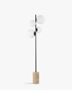 Lampadaire, Sphères blanches, travertin & métal noir, H158 Skull