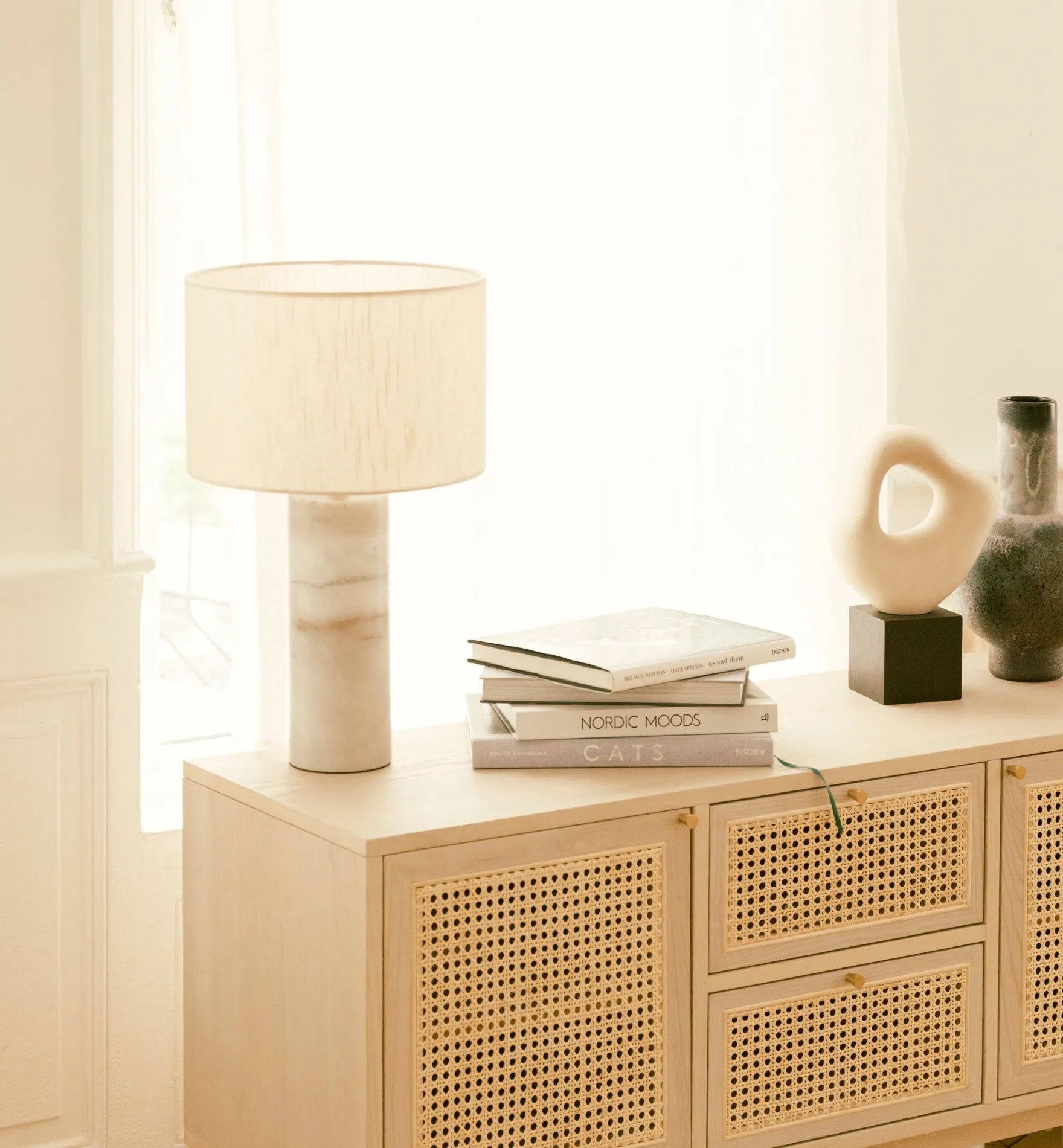 Lampe de table, Abat-jour lin & marbre blanc, H50 Gaia
