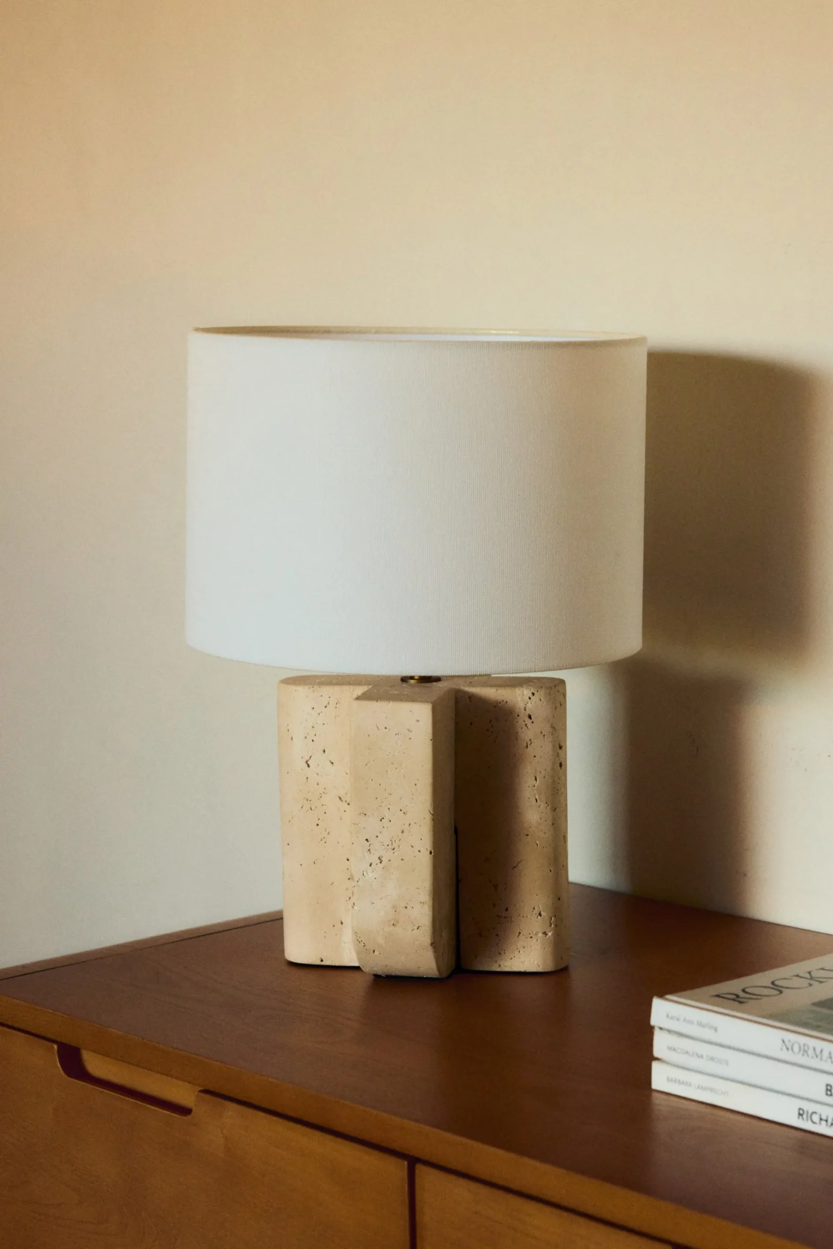 Lampe de table, Travertin & Lin blanc, H38,5 Lumenis