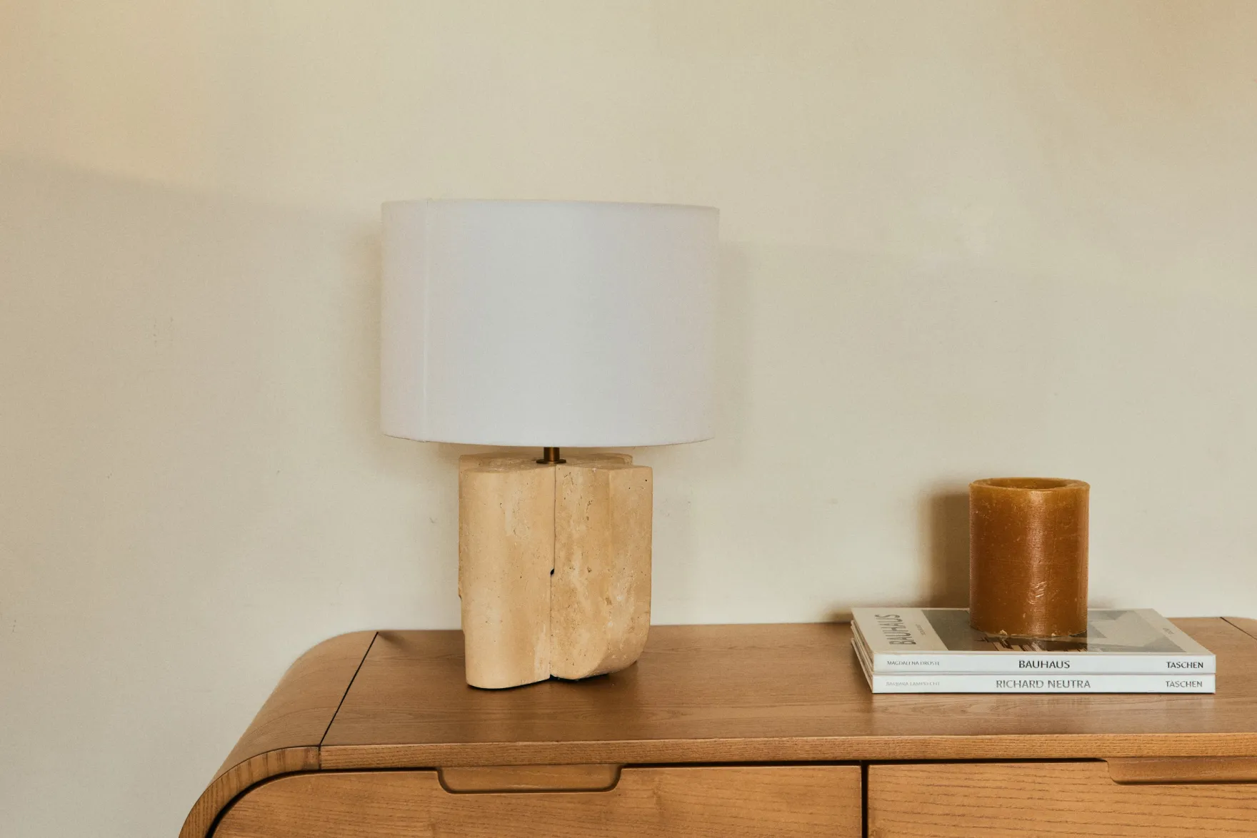 Lampe de table, Travertin & Lin blanc, H38,5 Lumenis