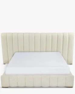 Lit 160x200, Blanc avoine bouclé & bois blond Snowy