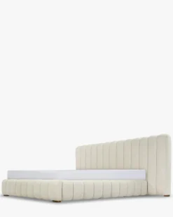 Lit 160x200, Blanc avoine bouclé & bois blond Snowy