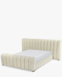 Lit 160x200, Blanc avoine bouclé & Bois blond Snow