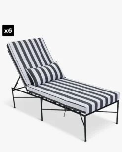 Lot de 6 bains de soleil, Tissu Waterproof Noir-Blanc & Métal noir, L198 Bel air