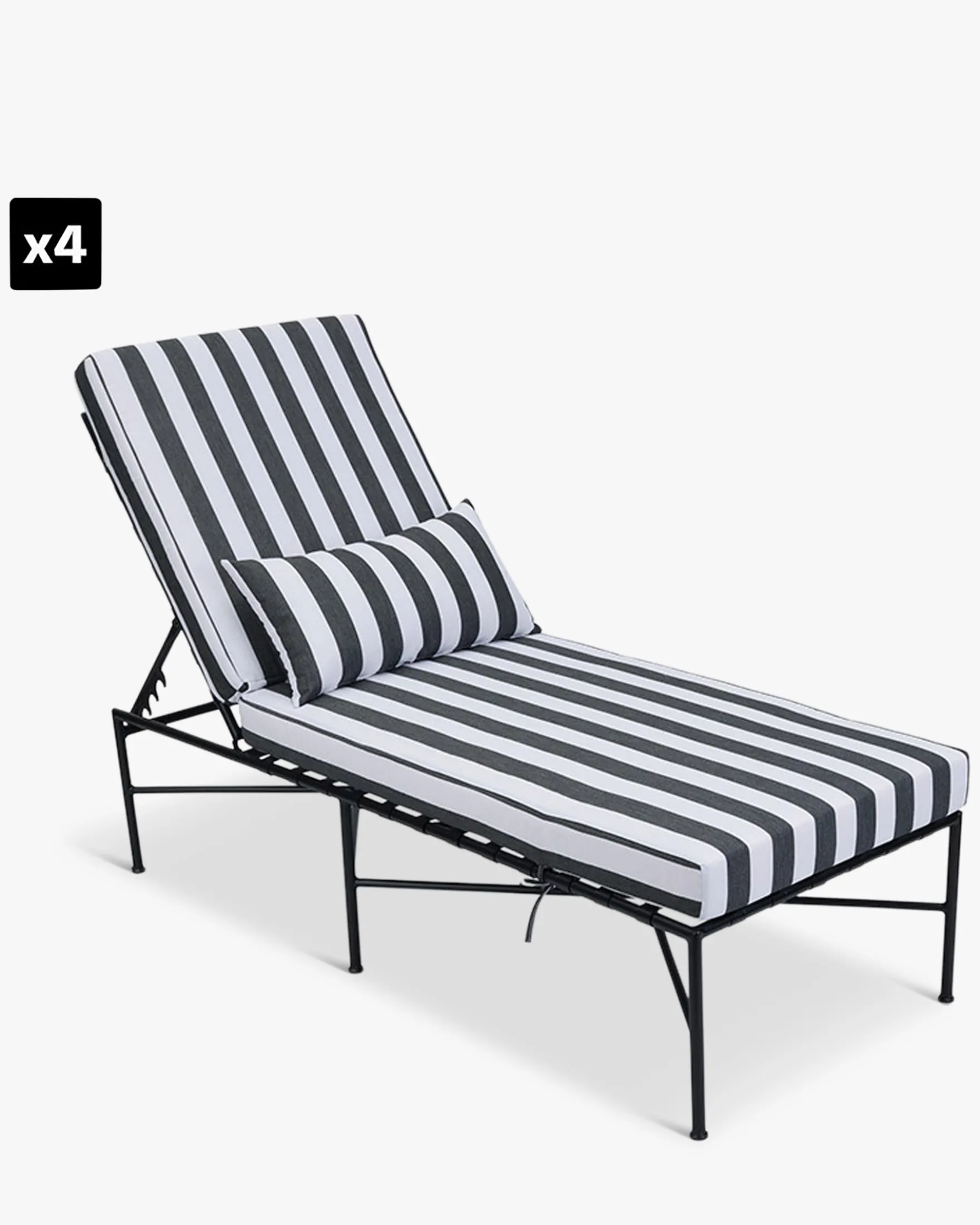 Lot de 4 bains de soleil, Tissu Waterproof Noir-Blanc & Métal noir, L198 Bel air