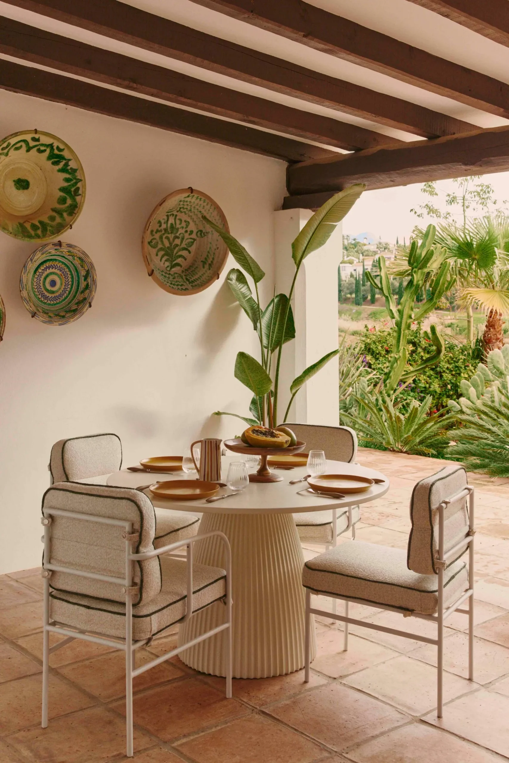 Lot de 4 chaises de jardin, Beige bouclé, Vert sauge & Métal blanc Maddalena