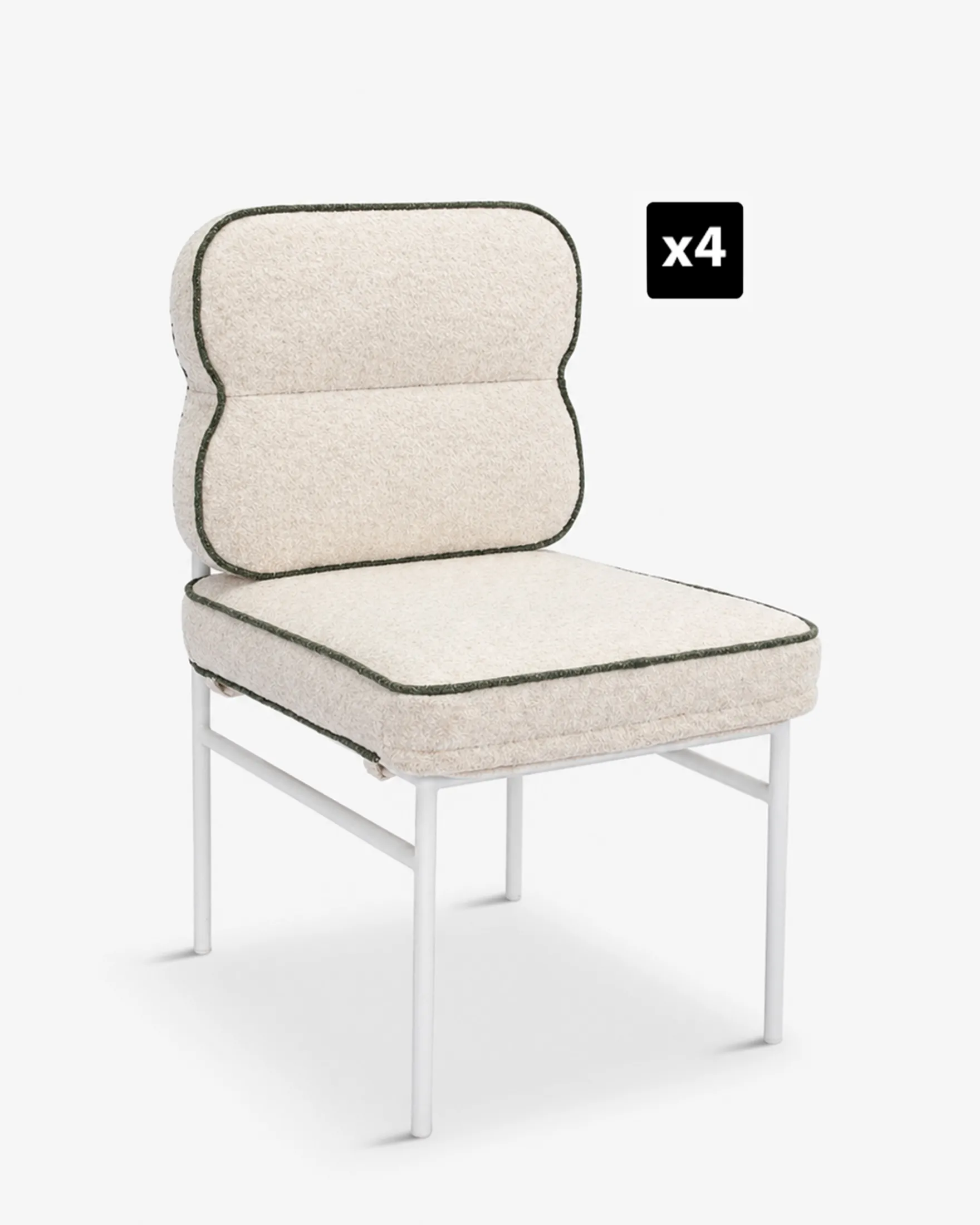 Lot de 4 chaises de jardin, Beige bouclé, Vert sauge & Métal blanc Maddalena