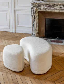 Pouf, Ecru bouclé, H41 Enzo