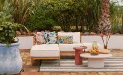 Pouf modulable de jardin, Blanc crème waterproof & bois d'acacia Bayside