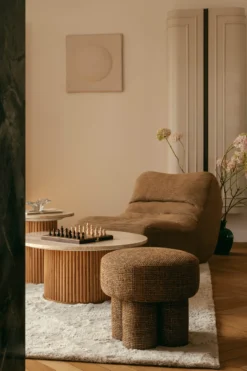 Pouf ou tabouret, Tweed marron caramel, Ø44 Corinthe