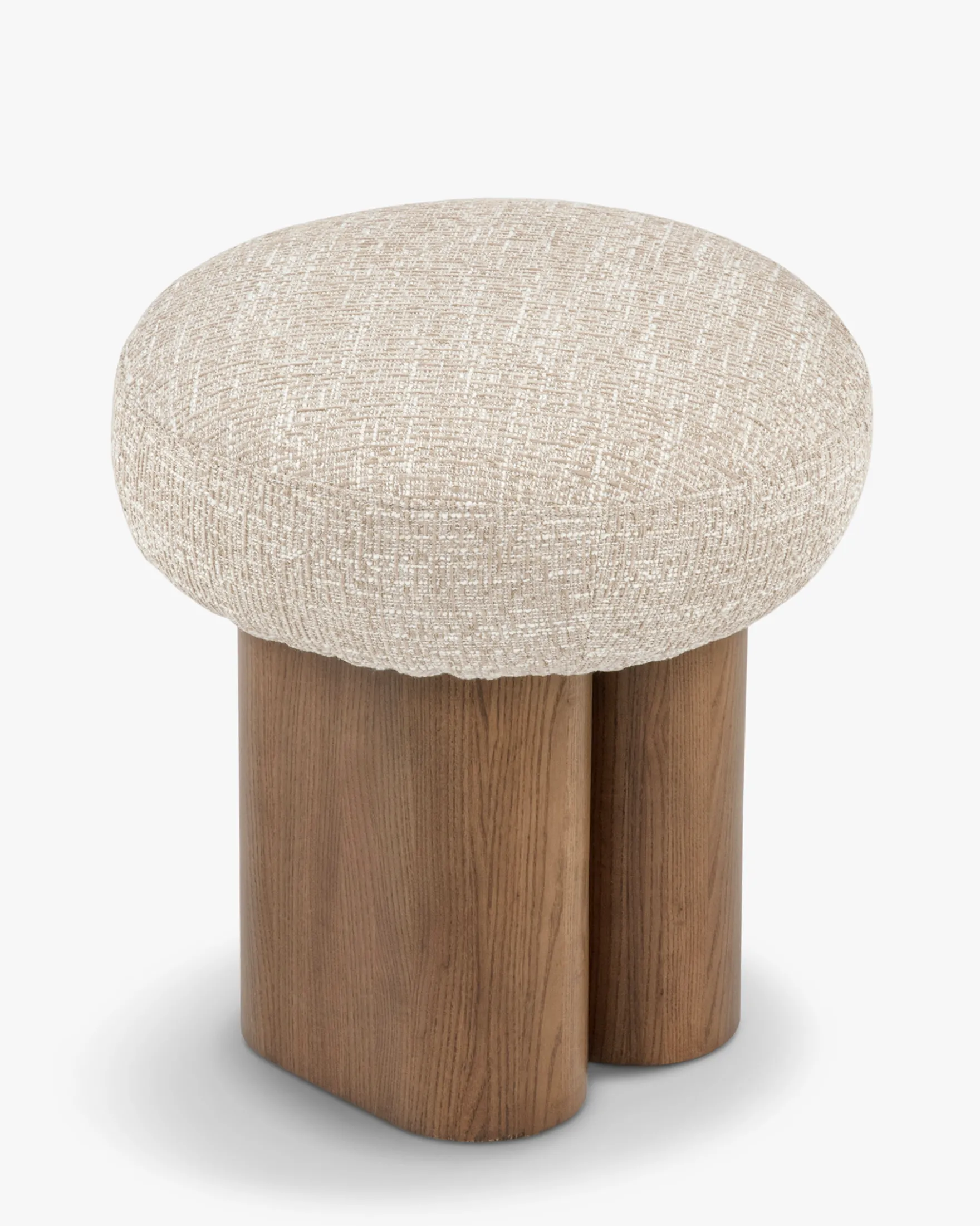 Pouf, Tweed chenillé beige & Frêne massif teinte noyer, H48 Popa