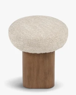 Pouf, Tweed chenillé beige & Frêne massif teinte noyer, H48 Popa