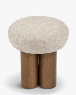 Pouf, Tweed chenillé beige & Frêne massif teinte noyer, H48 Popa