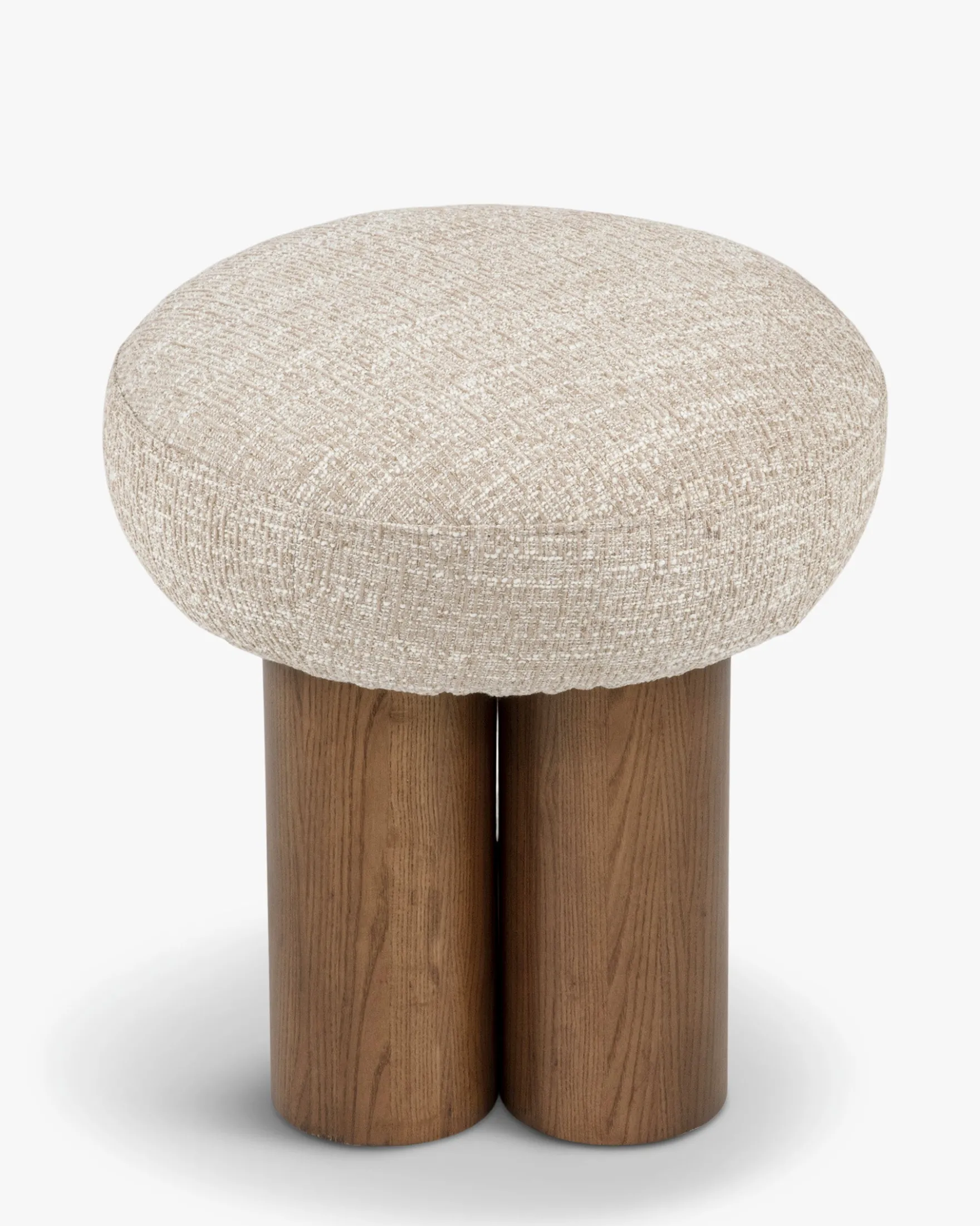 Pouf, Tweed chenillé beige & Frêne massif teinte noyer, H48 Popa