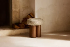 Pouf, Tweed vert sauge doré & Frêne massif teinte noyer, H48 Popa