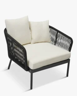 Salon de jardin, Canapé 3 places + 2 Fauteuils, Blanc écru, Cordage & Métal noir Santa Monica