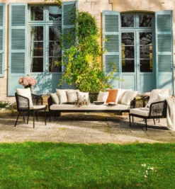 Salon de jardin, Canapé 3 places + 2 Fauteuils, Blanc écru, Cordage & Métal noir Santa Monica