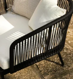 Salon de jardin, Canapé 3 places + 2 Fauteuils, Blanc écru, Cordage & Métal noir Santa Monica