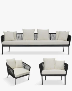 Salon de jardin, Canapé 3 places + 2 Fauteuils, Blanc écru, Cordage & Métal noir Santa Monica