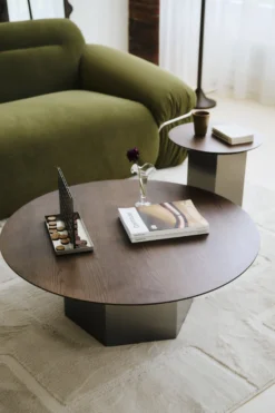 Table basse, Bois de frêne teinte noyer & Acier inoxydable, Ø90 Hexa