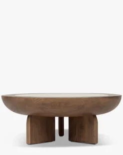 Table basse, Frêne massif teinté noyer & Travertin waterproof, Ø95 Saturne