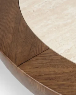 Table basse, Frêne massif teinté noyer & Travertin waterproof, Ø95 Saturne