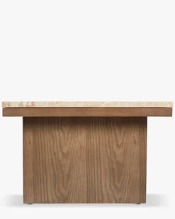 Table basse, L65, Travertin waterproof & bois de frêne teinte noyer Highland S