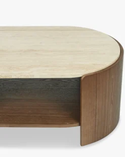 Table basse, Travertin waterproof & bois de frêne teinte noyer, L100 Elipse