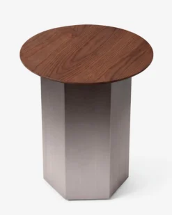 Table d'appoint, Bois de frêne teinte noyer & Acier inoxydable, Ø40 Hexa