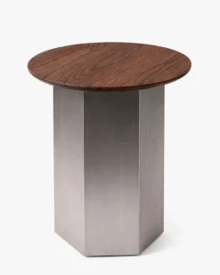 Table d'appoint, Bois de frêne teinte noyer & Acier inoxydable, Ø40 Hexa