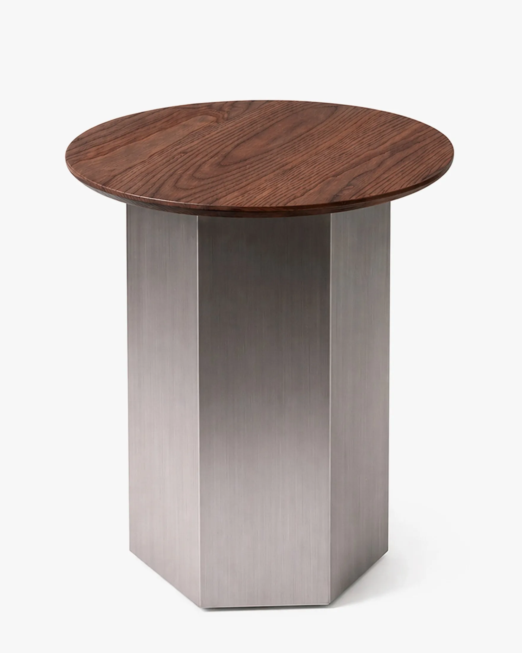 Table d'appoint, Bois de frêne teinte noyer & Acier inoxydable, Ø40 Hexa