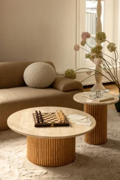 Table d'appoint, Véritable pierre de travertin, Ø45 Oviedo