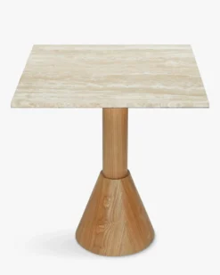 Table à manger bistrot, pour 4 personnes, Travertin waterproof & bois blond, Ø70 Elba