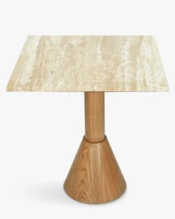 Table à manger bistrot, pour 4 personnes, Travertin waterproof & bois blond, Ø70 Elba