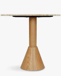 Table à manger bistrot, pour 4 personnes, Travertin waterproof & bois blond, Ø70 Elba