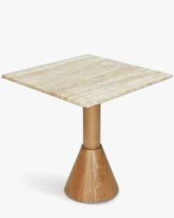 Table à manger bistrot, pour 4 personnes, Travertin waterproof & bois blond, Ø70 Elba