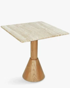 Table à manger bistrot, pour 4 personnes, Travertin waterproof & bois blond, Ø70 Elba