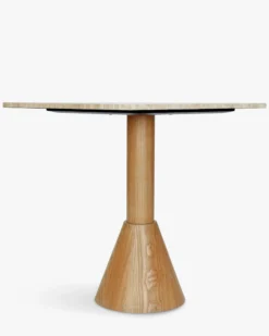 Table à manger bistrot, pour 4 personnes, Travertin waterproof & bois blond, Ø70 Elba