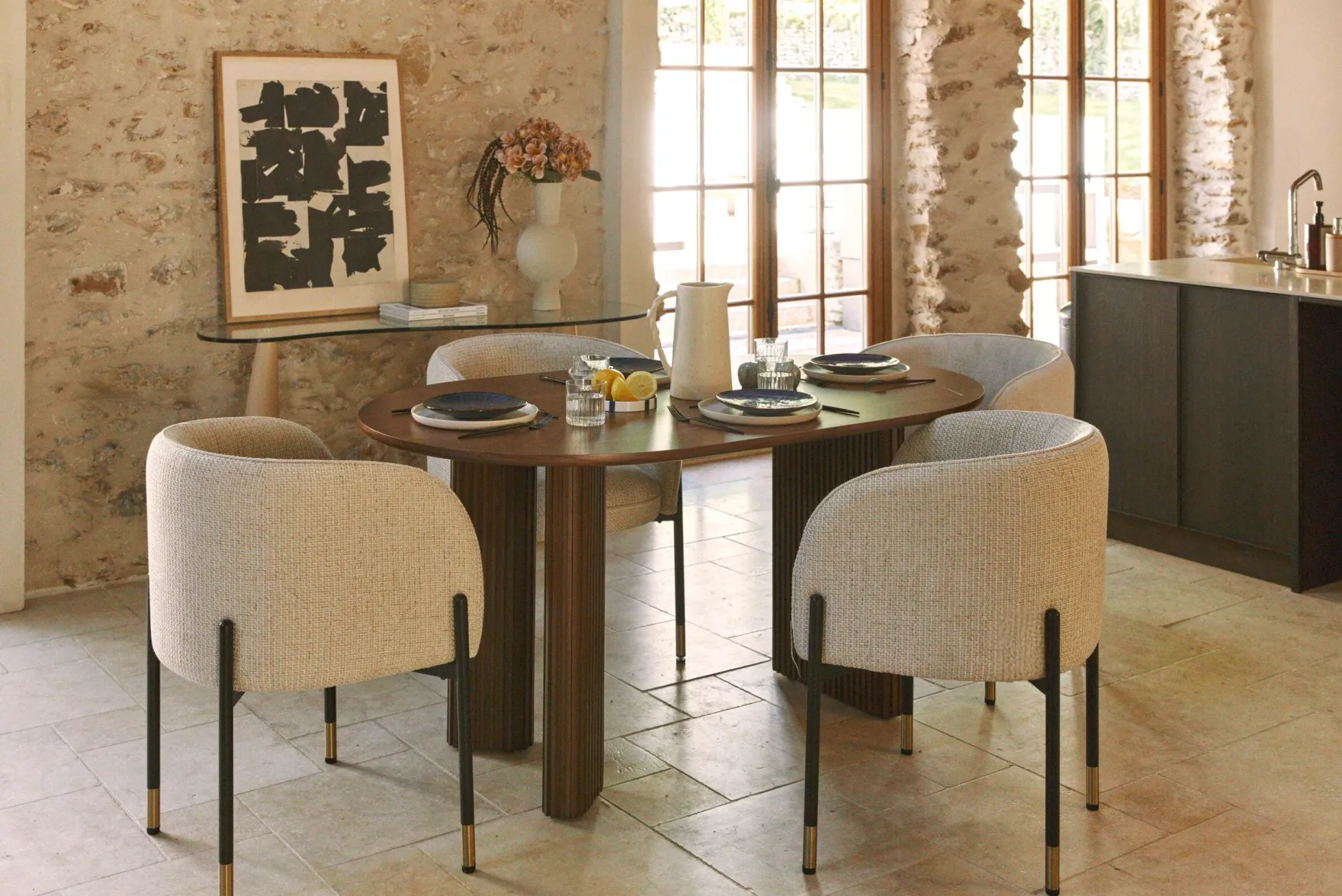 Table à manger, pour 4 personnes, Bois de noyer veiné, L150 Adriano